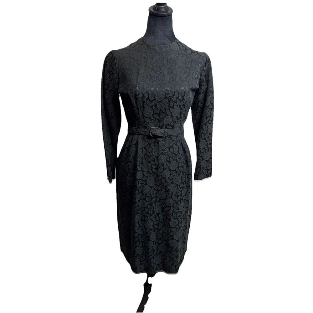 *Vintage 1960s dress Black Brocade Pencil Skirt Long Sleeve  Dres Size 13